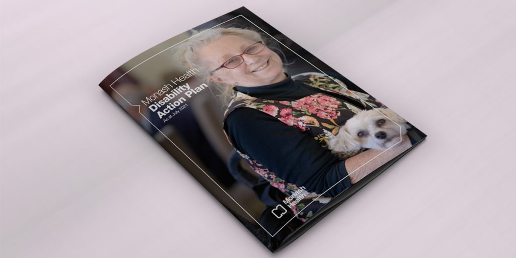 The Disability Action Plan 2019–23 brochure rests on a surface, showing the cover image of a woman in a wheelchair with a dog resting on her lap.