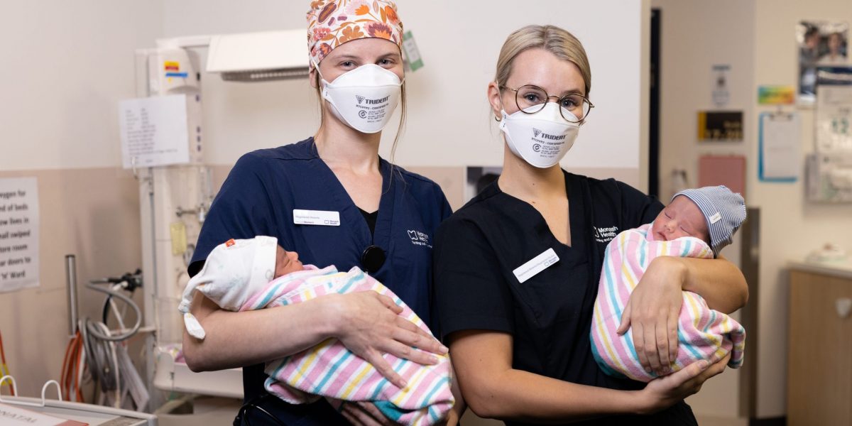 Pictured: (L-R) Huzam Abbar (baby) and Emma Bell, Registered Midwife, Georgia Venn, Registered Midwife and Jibreel Rehman (baby) at Casey Hospital. Copyright Monash Health. Not for use without prior written permission.