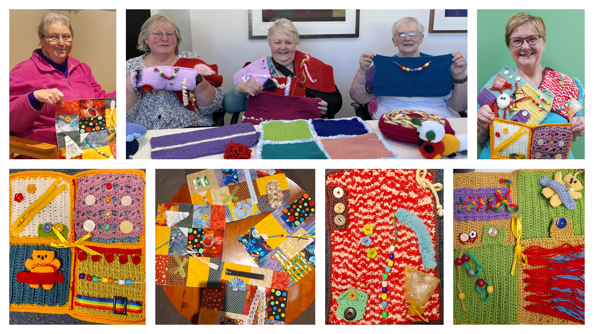 A grid of different images shows pictures of various colourful fiddle mats and volunteers creating them.