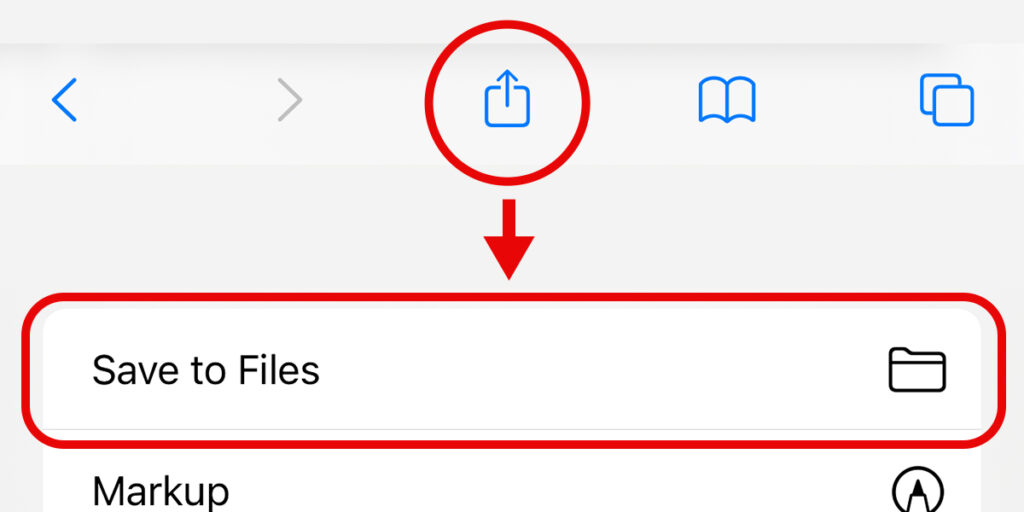 iOS Save File Screenshot An example of the ‘Share’ icon on an iPhone, followed by the ‘Save to Files’ button that appears after selecting the ‘Share’ icon.