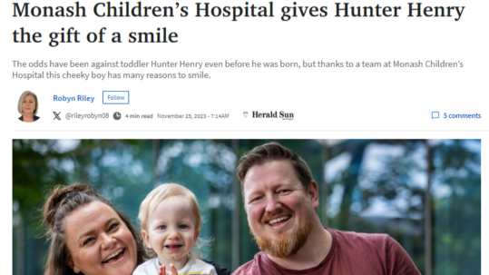 Herald Sun article image of young Hunter and his parents smiling