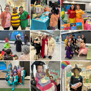 A selection of photos of people in book themed costumes.