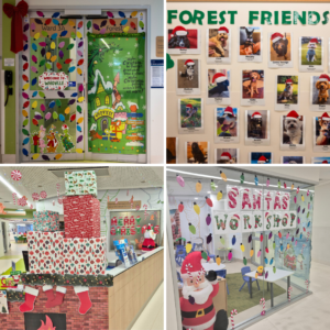 A children's hospital ward with Santa workshop decorations and Santa hats on pets on a photo wall.