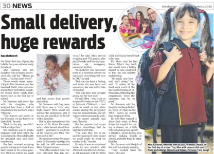 A newspaper clipping with the headline "Small delivery, huge reward" and a photo of a beaming young girl with bunches in a school uniform.