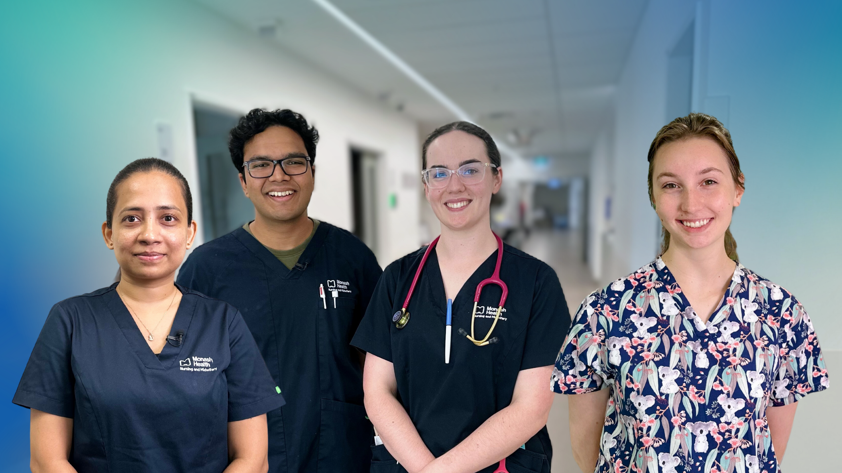 Smiling male and female nurses wearing scrubs pose for a photograph in a hospital corridor.