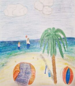 A drawing in colouring pencil of a beach with a palm tree and beach umbrellas with two people playing in the blue water.