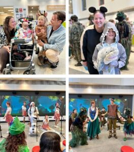 Performers in costume singing songs from Disney musical Frozen 2. And photos of families in fancy dress, including a boy in a shark costume and another dressed as a giraffe.