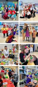 Hospital staff dressed as pirates, butterflies and characters from Dr Suess' children's story books. A pop-up book stall, craft station and costume stand.