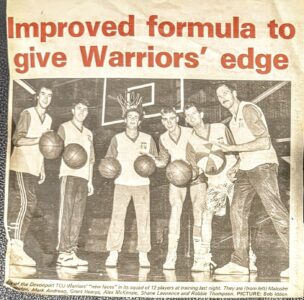 A newspaper clipping from the 1980s of six male basketball players holding balls and looking at the camera on a basketball court.