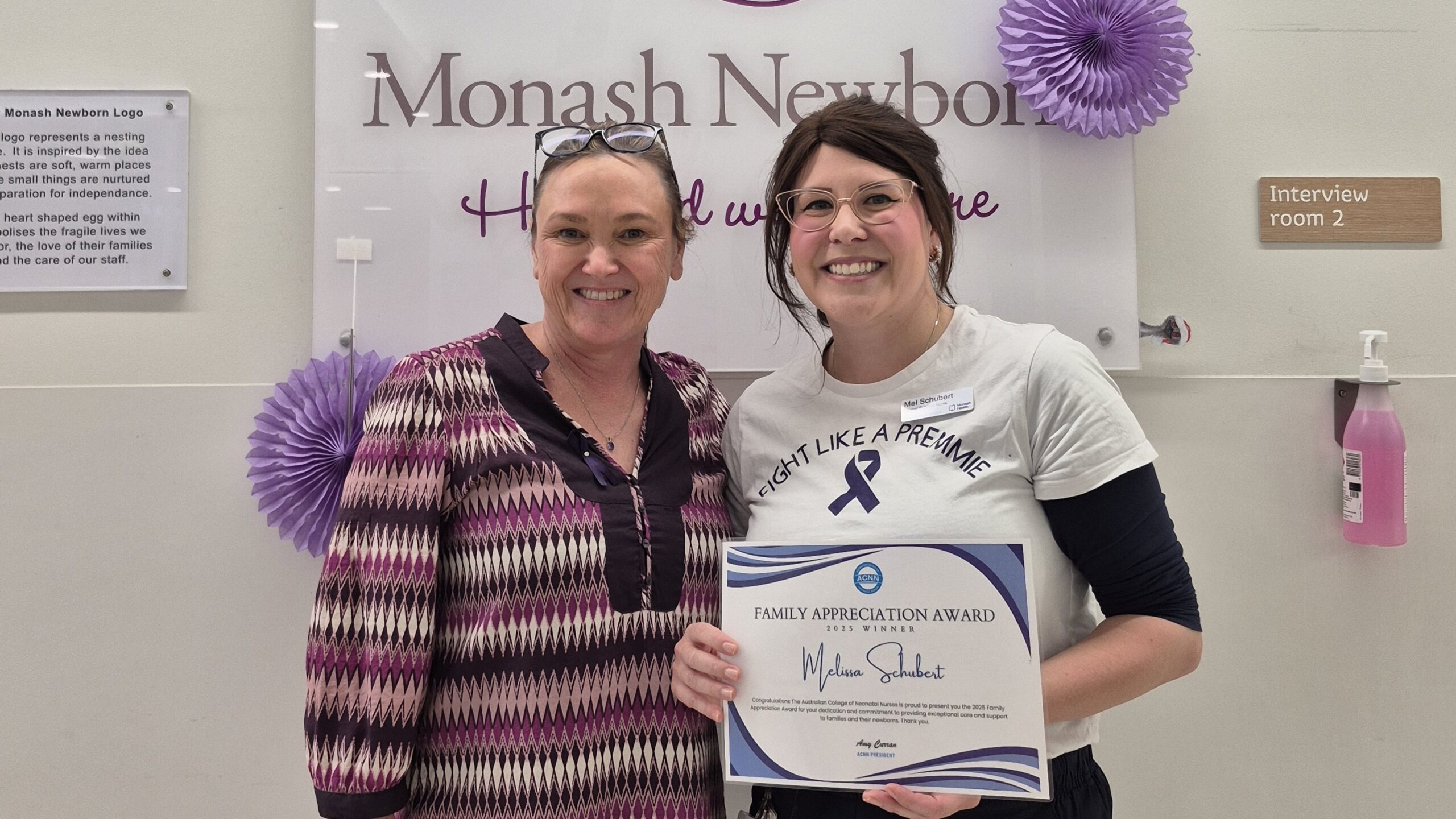 Mel Schubert (pictured centre) was selected out of 30 nominations Australia-wide to receive the annual Neonatal Nurse Family Appreciation Award.