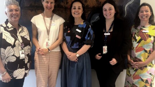 The 5 members of the PTGH Southern Melbourne stand in front of an Indigenous Australian artwork.